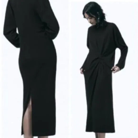 Zara Black Long Sleeve Knotted Pleated Dress Size Medium