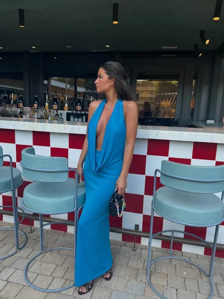 Zara - Long Draped Halter Maxi in Electric Blue