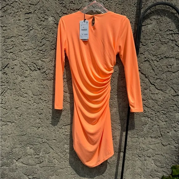 Zara NWT Neon Orange Long Sleeve Ruched Side Mini Dress Sz Medium