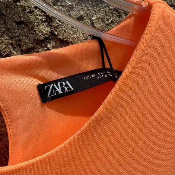 Zara NWT Neon Orange Long Sleeve Ruched Side Mini Dress Sz Medium