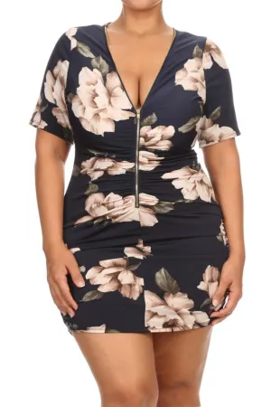 Zip Up Sexy Floral Plus Size Mini Dress